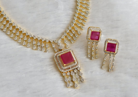 Two tone cz ruby block stone necklace set dj-46989