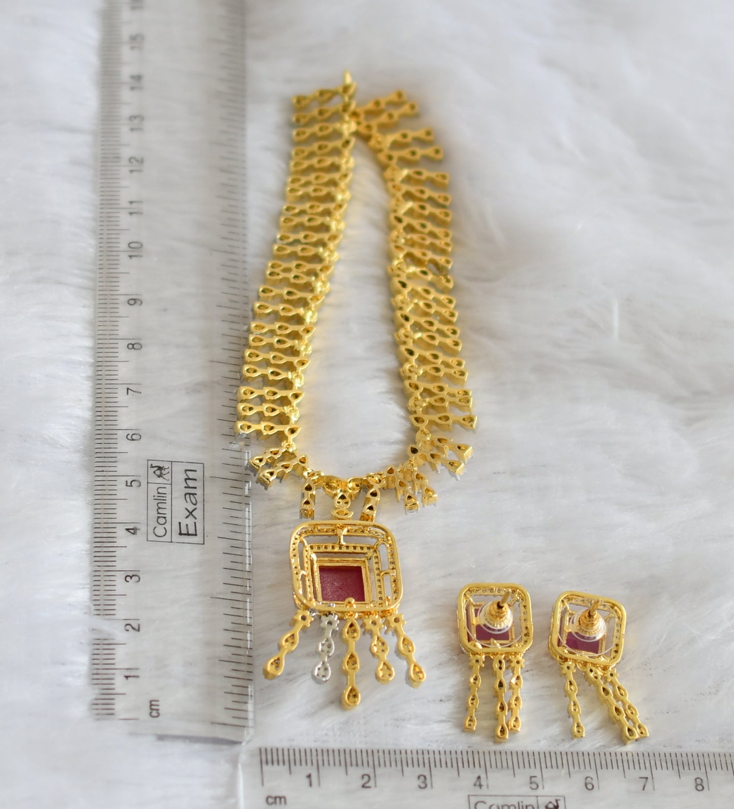 Two tone cz ruby block stone necklace set dj-46989