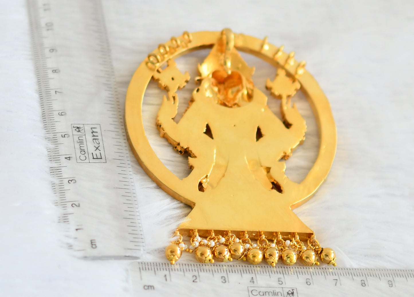 Gold tone pink-white kundan jadau big sri narasimma pendant dj-50668