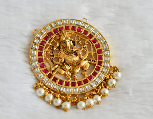 Gold tone pink-white kundan jadau ganesha pearl bead round pendant dj-50663