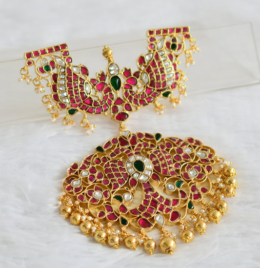 Gold tone pink-green-white kundan jadau ganda berunda pendant dj-50659