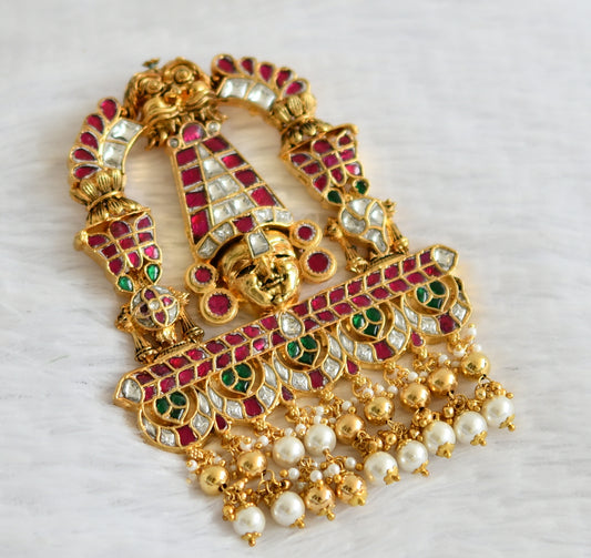 Gold tone pink-green-white kundan jadau Thirumal pendant dj-50666