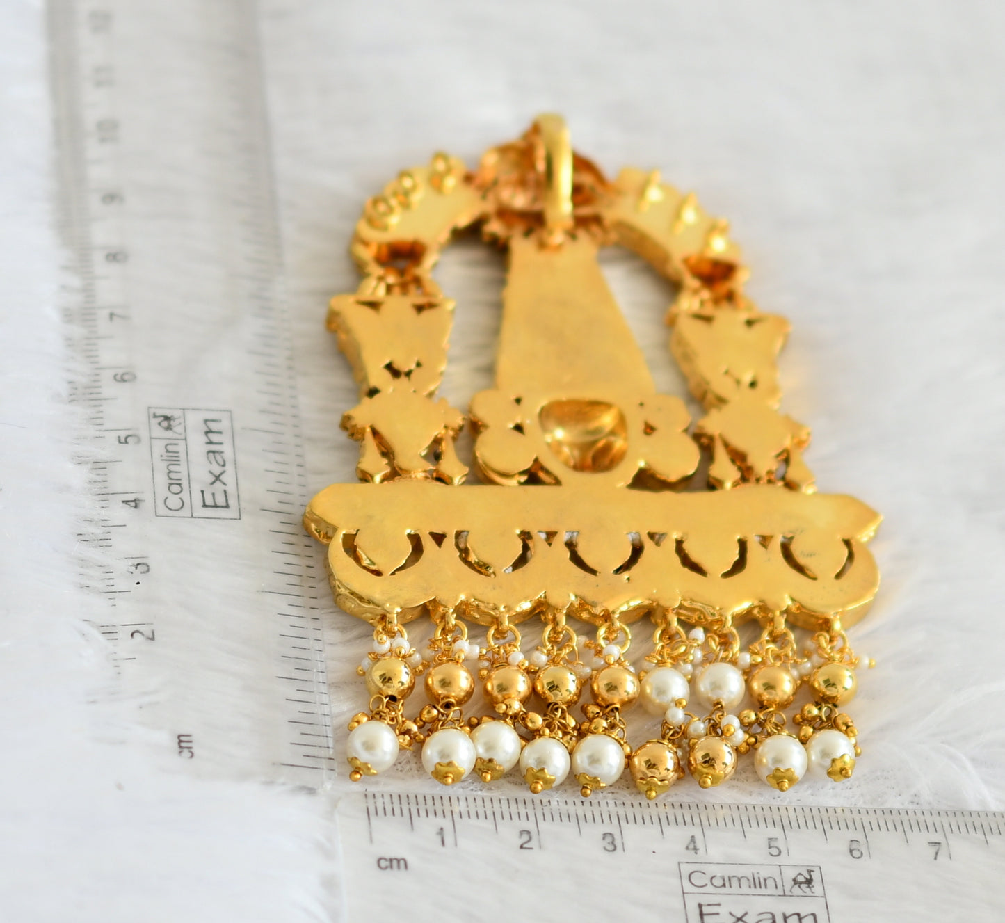 Gold tone pink-green-white kundan jadau Thirumal pendant dj-50666