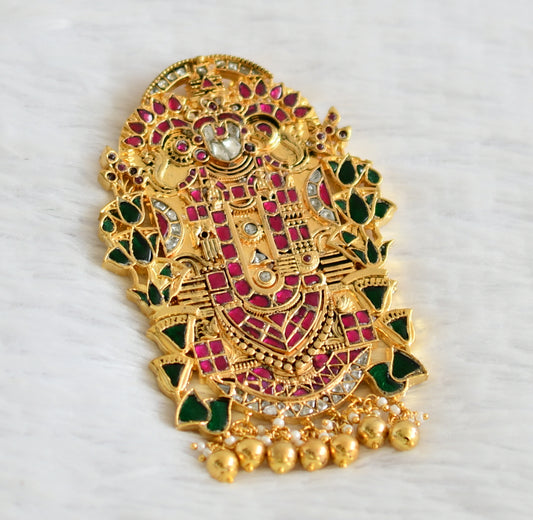 Gold tone pink-green-white kundan jadau Thirumal pendant dj-50667