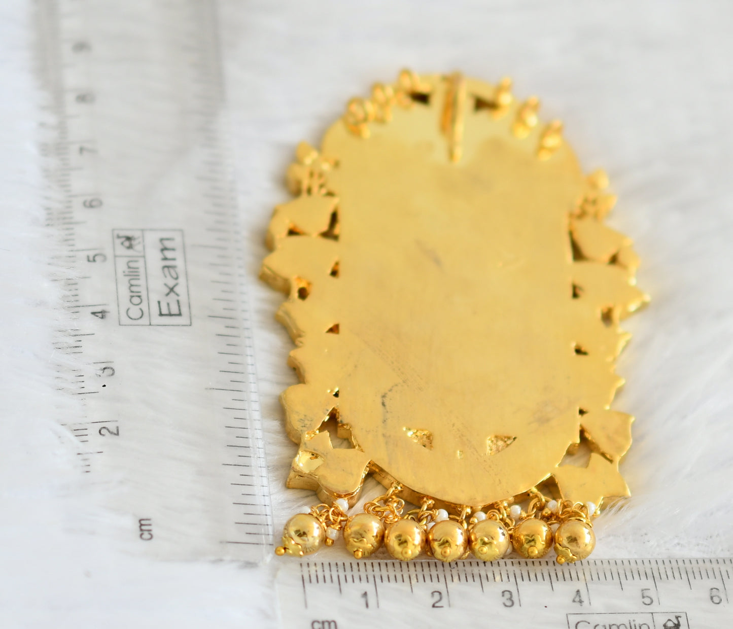 Gold tone pink-green-white kundan jadau Thirumal pendant dj-50667