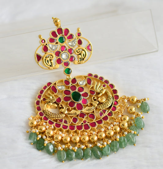 Gold tone pink-green-white kundan jadau peacock green bead pendant dj-50680
