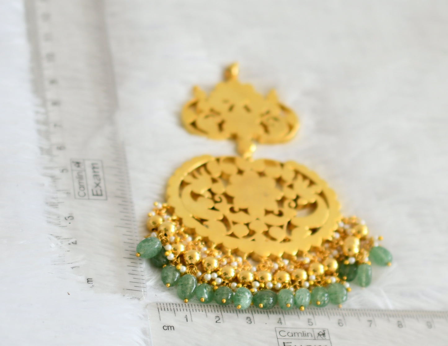 Gold tone pink-green-white kundan jadau peacock green bead pendant dj-50680