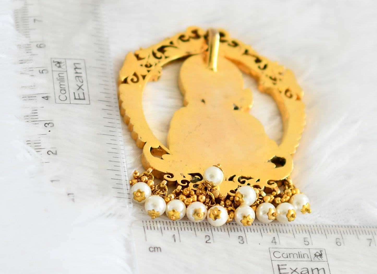 Antique gold tone pink-green-white-blue kundan jadau sri karthikeya pendant dj-50665