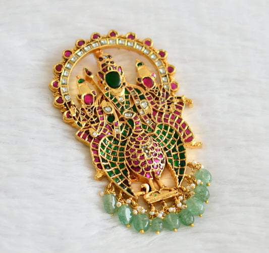 Gold tone pink-green-white kundan jadau green bead karthikeya pendant dj-50657