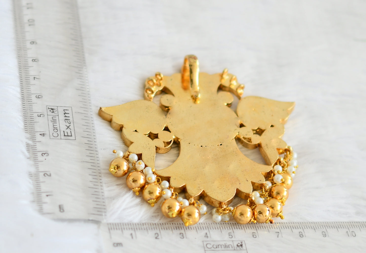 Gold tone pink-green-white kundan jadau big ganda berunda pendant dj-50669