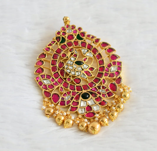 Gold tone pink-green-white kundan jadau swan pendant dj-50672