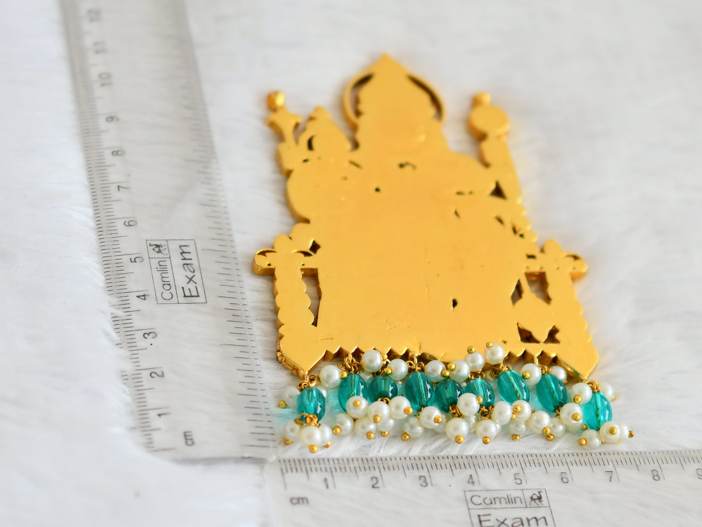 Gold tone pink-green-white-blue kundan jadau green-pearl beaded boo varahaswamy pendant dj-50658