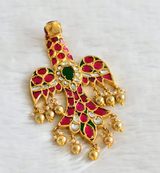 Gold tone pink-green-white kundan jadau ganda berunda pendant dj-50674