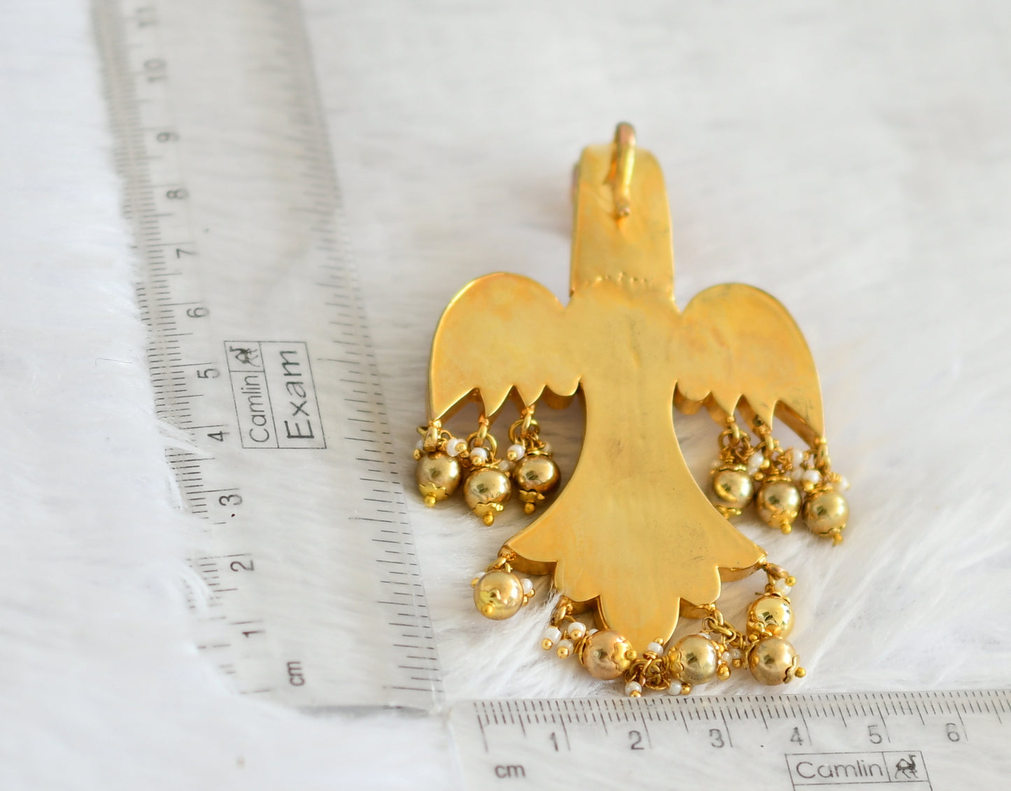 Gold tone pink-green-white kundan jadau ganda berunda pendant dj-50674