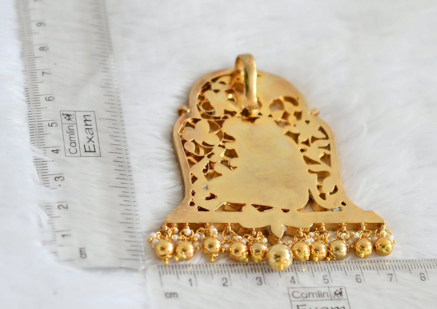 Gold tone pink-green-white-blue kundan jadau Radhe-krishna pendant dj-50654