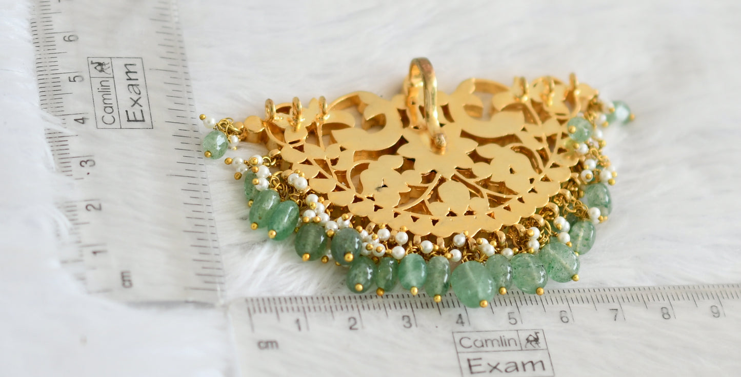 Gold tone pink-white kundan jadau peacock flower green beaded pendant dj-50656
