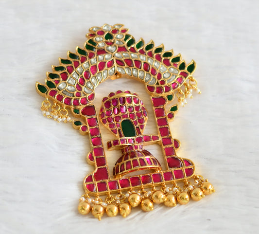Gold tone pink-green-white kundan jadau sri lingeshwar pendant dj-50673