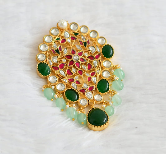 Gold tone pink-green-white kundan jadau flower green beaded pendant dj-50652