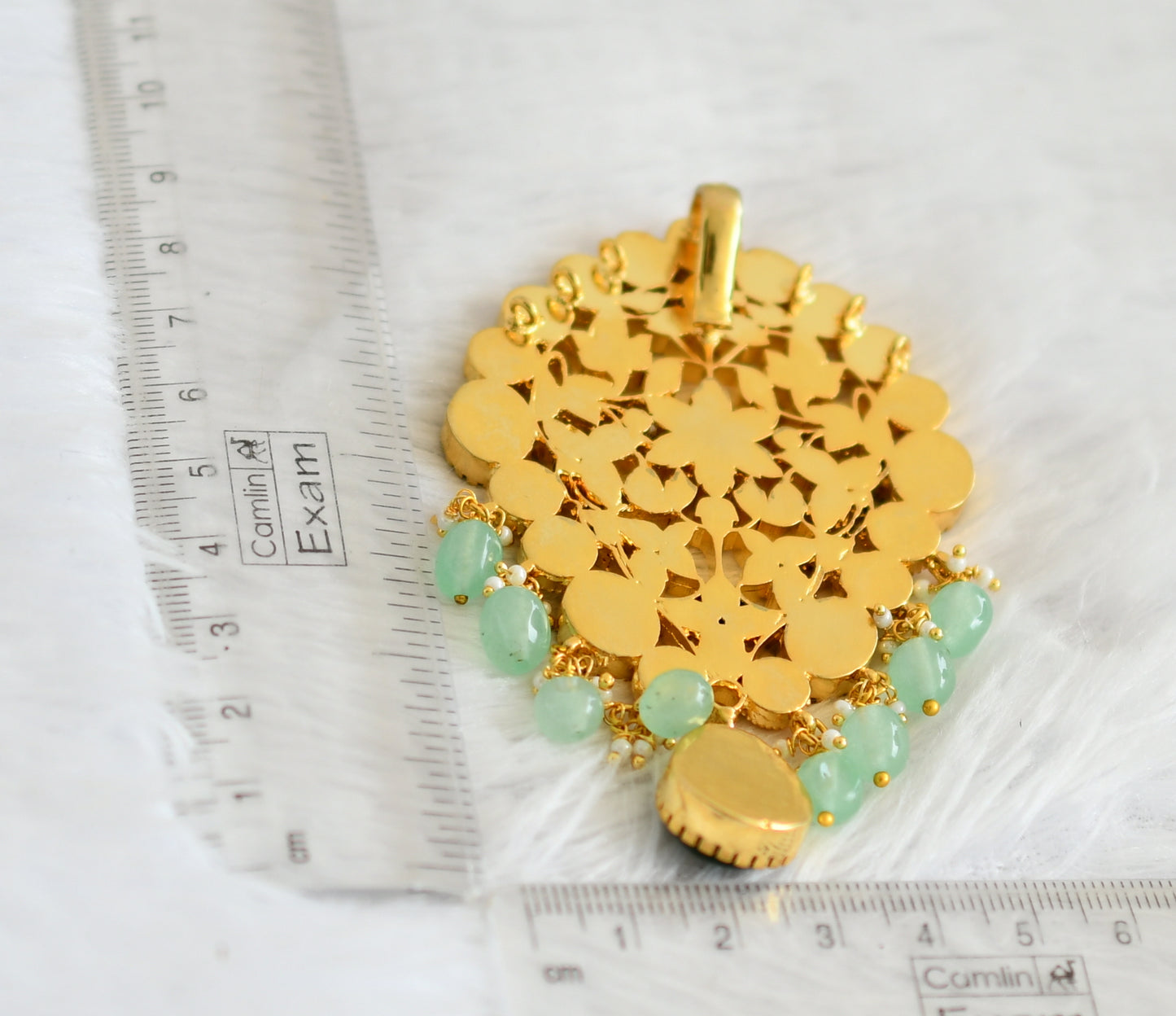 Gold tone pink-green-white kundan jadau flower green beaded pendant dj-50652
