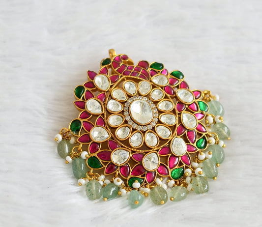 Gold tone pink-green-white kundan jadau peacock sea green beaded pendant dj-50677