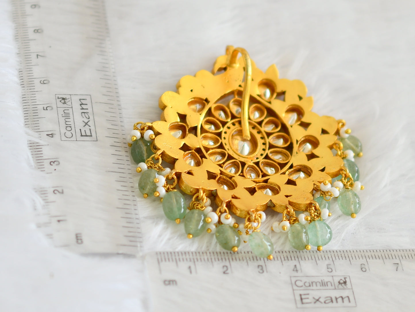 Gold tone pink-green-white kundan jadau peacock sea green beaded pendant dj-50677