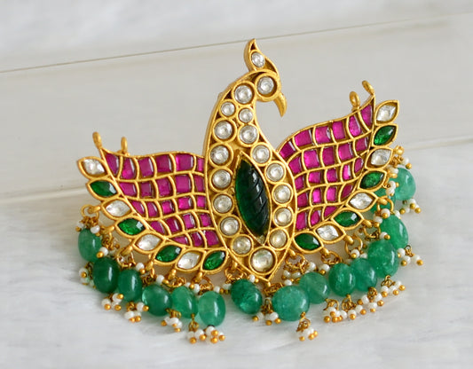 Matte finish pink-green-white kundan jadau peacock green bead pendant dj-50675