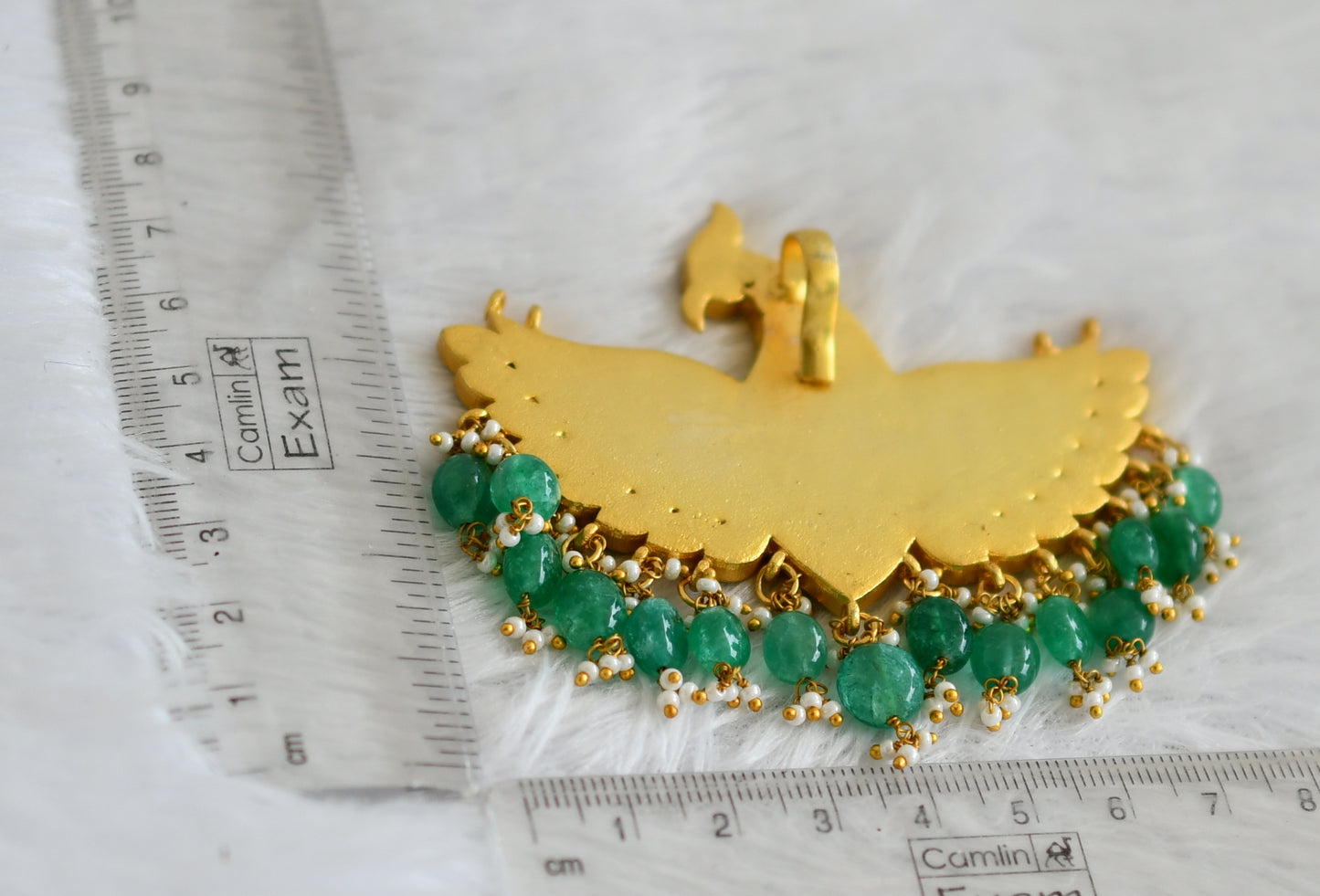 Matte finish pink-green-white kundan jadau peacock green bead pendant dj-50675