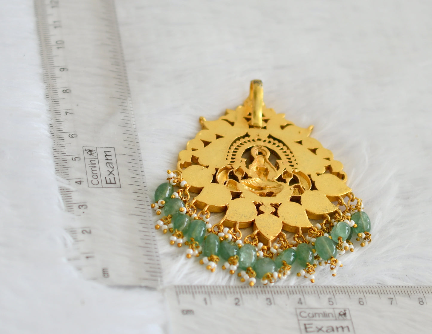 Matte finish pink-green-white kundan jadau lakshmi peacock green bead pendant dj-50678