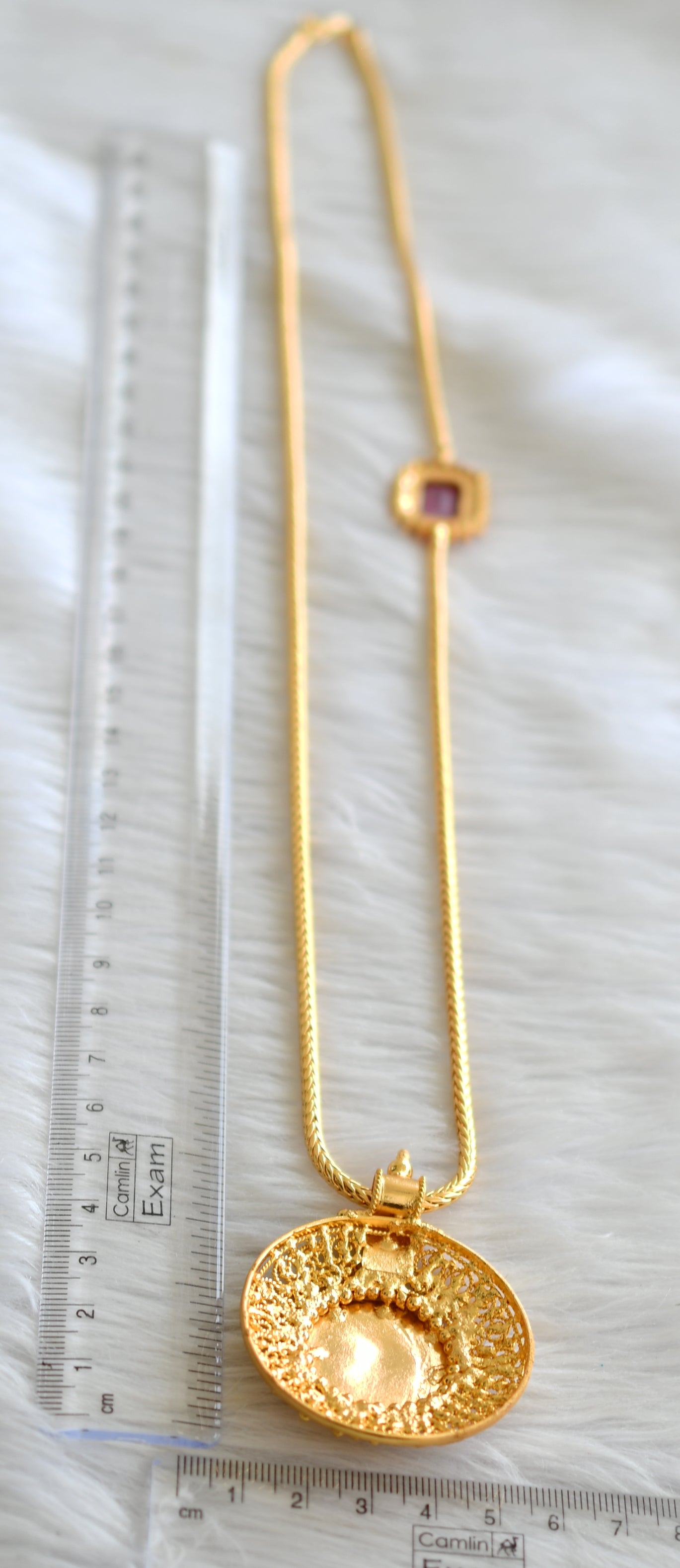 Gold tone 24 inches ruby block stone mugappu chain with lakshmi round pendant dj-43639