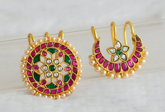 Gold tone pink-green-white kundan jadau pearl sun moon dj-50649
