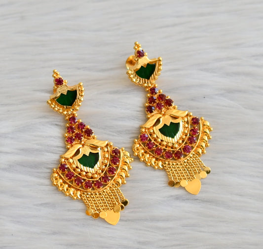 Gold tone pink-green kerala style palakka long earrings dj-45320