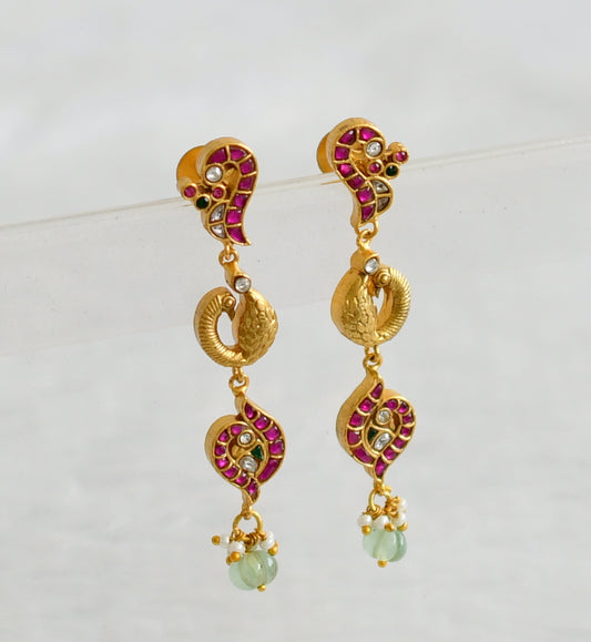 Gold tone pink-green-white kundan jadau peacock long earrings dj-50650