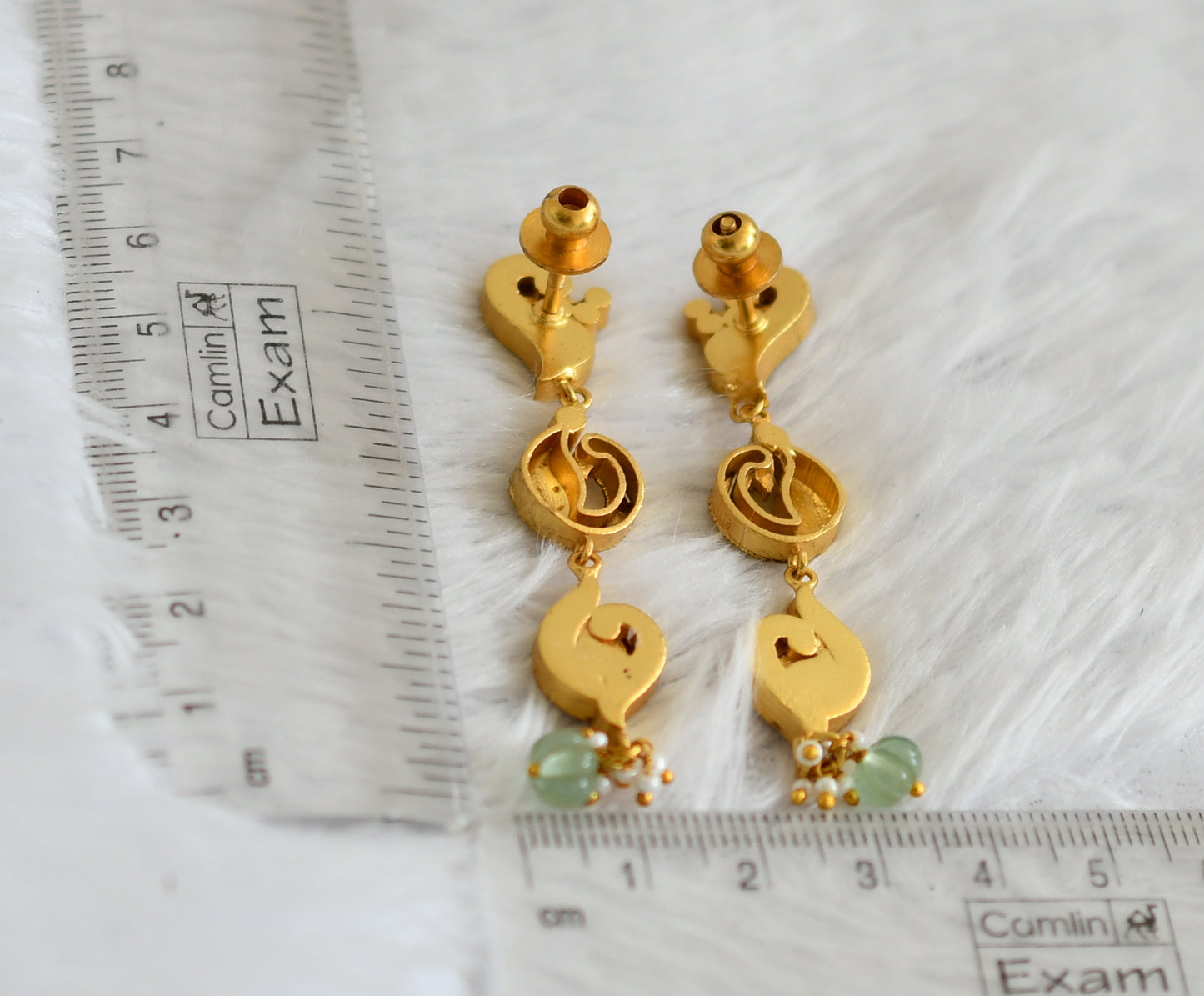 Gold tone pink-green-white kundan jadau peacock long earrings dj-50650