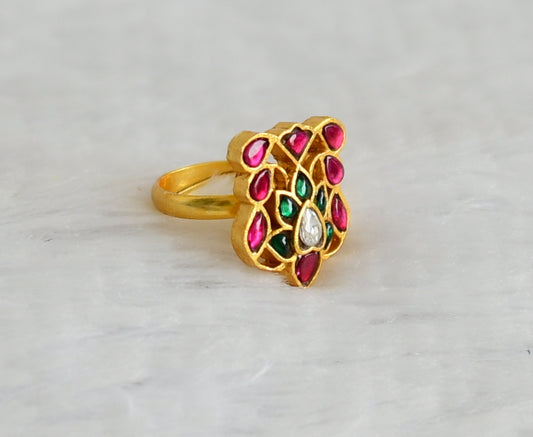 Gold tone pink-green-white kundan jadau adjustable finger ring dj-50648