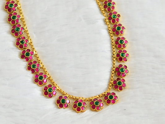 Matte finish pink-green kundan jadau flower short haar set dj-50684