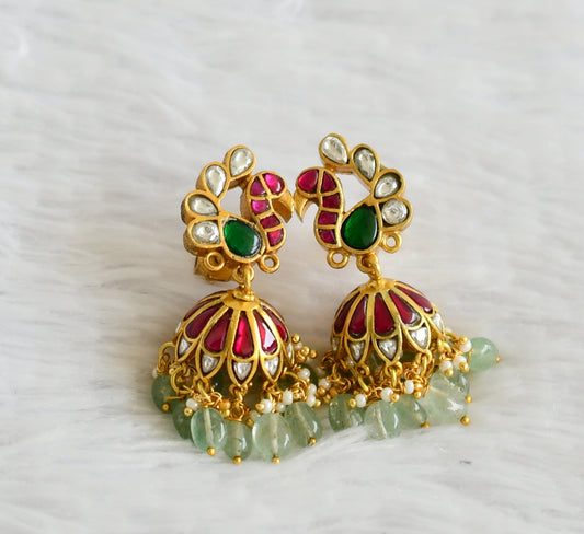 Gold tone pink-green-white kundan jadau sea green bead peacock jhumkka dj-50646