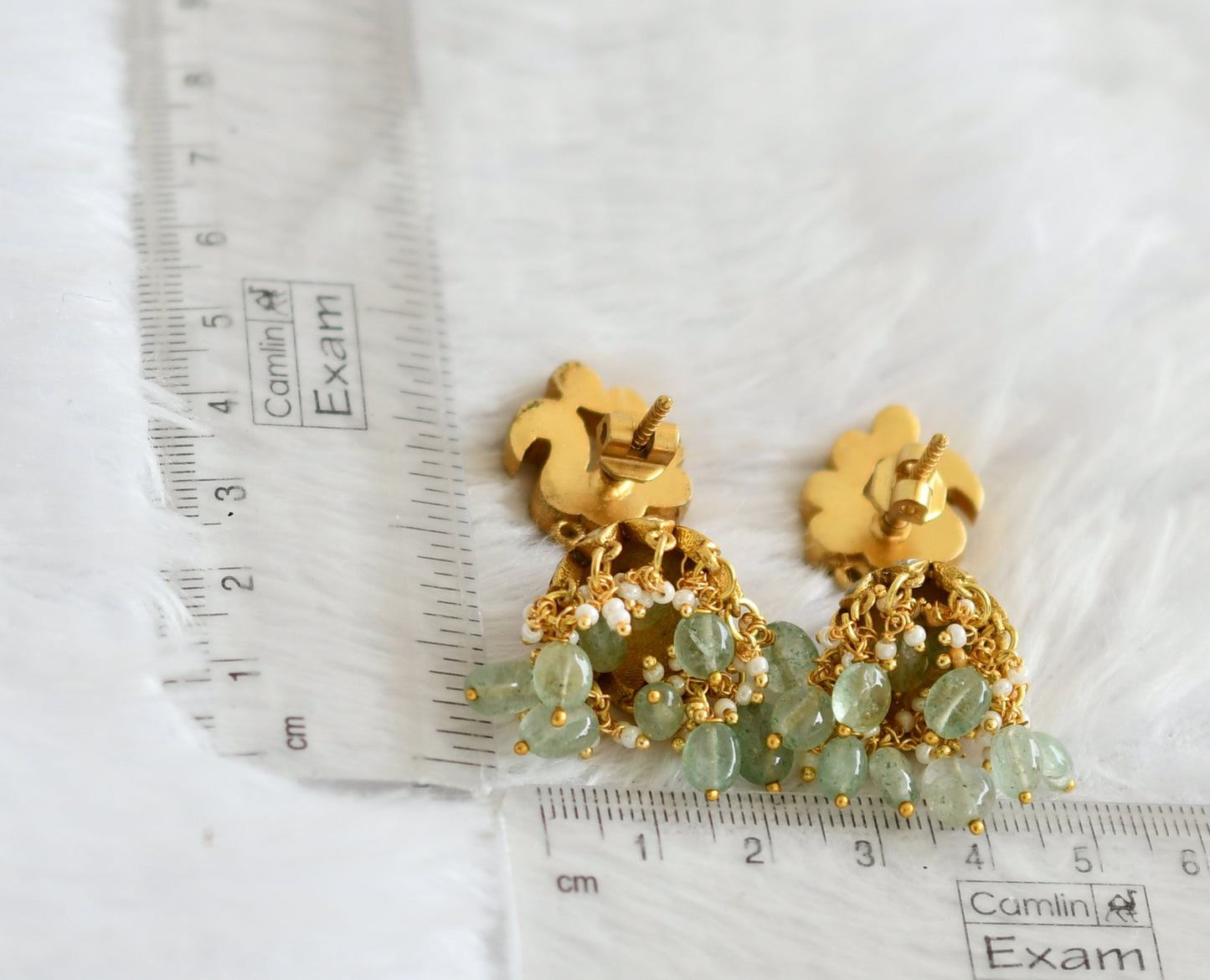 Gold tone pink-green-white kundan jadau sea green bead peacock jhumkka dj-50646