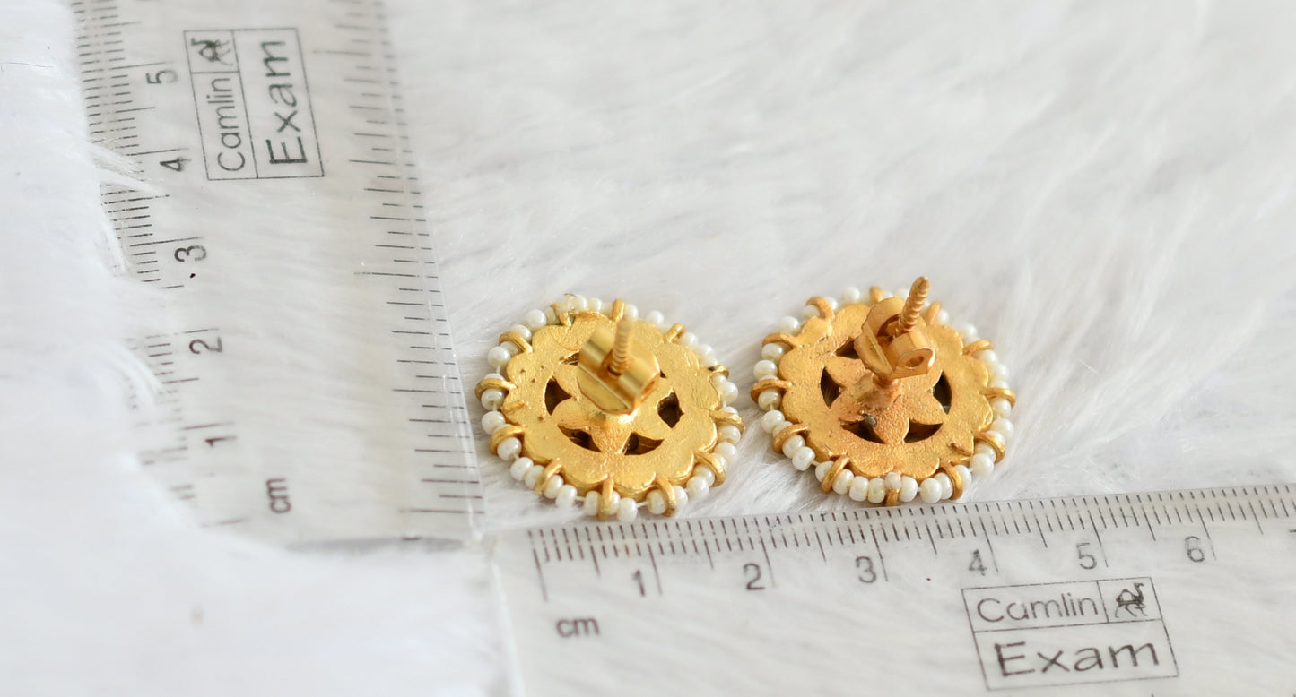 Gold tone pink-green-white kudan jadau pearl flower stud/earrings dj-50636