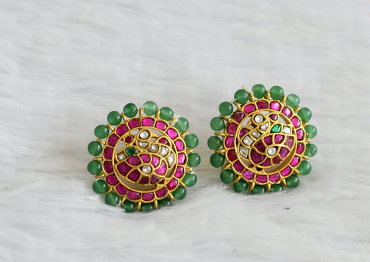 Gold tone pink-white kundan jadau green bead peacock round stud/earrings dj-50638