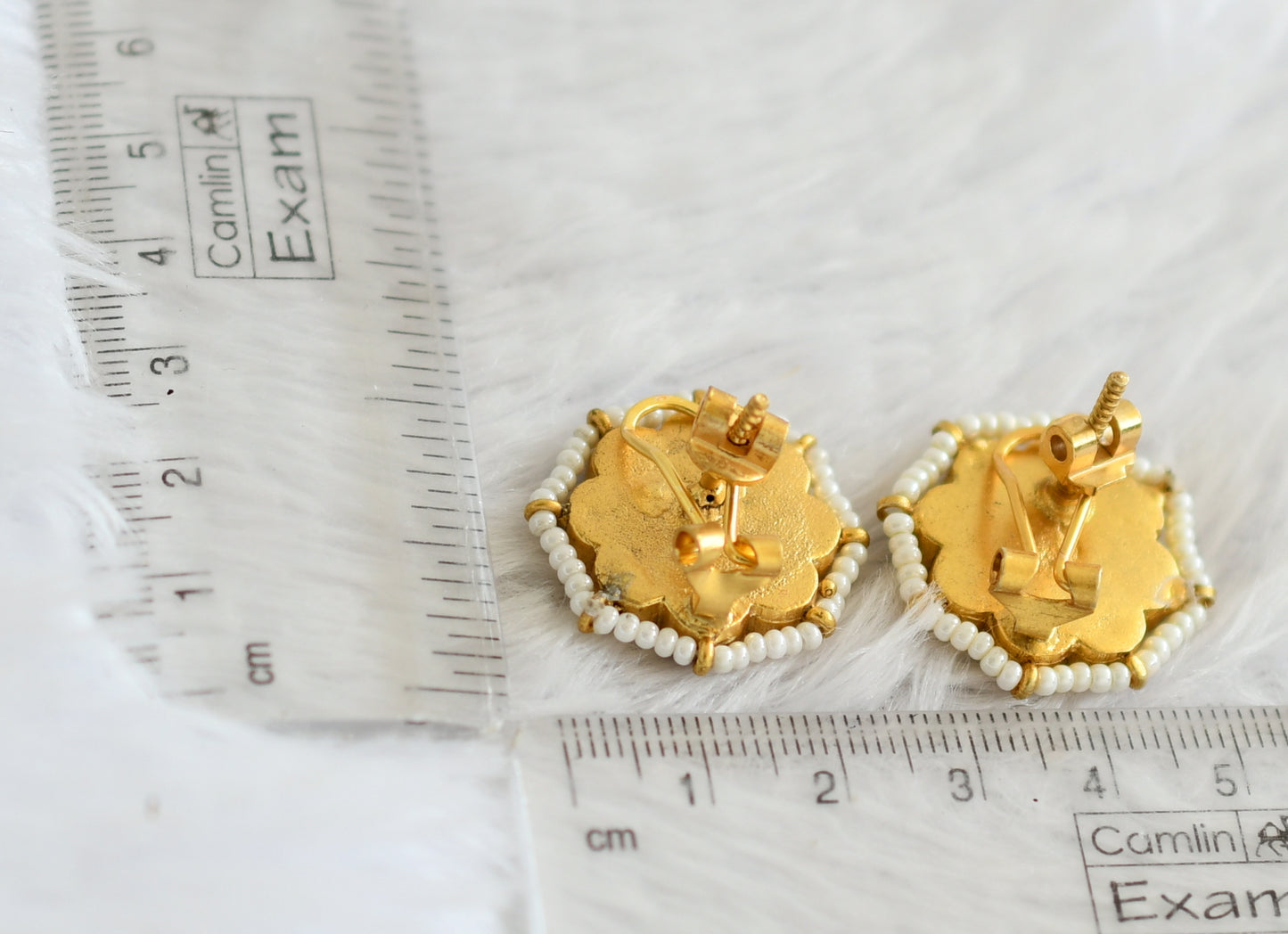 Gold tone pink-green-white kundan jadau pearl flower stud/earrings dj-50637