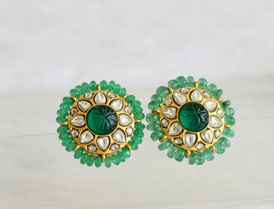 Gold tone white green beaded round flower stud/earrings dj-50639