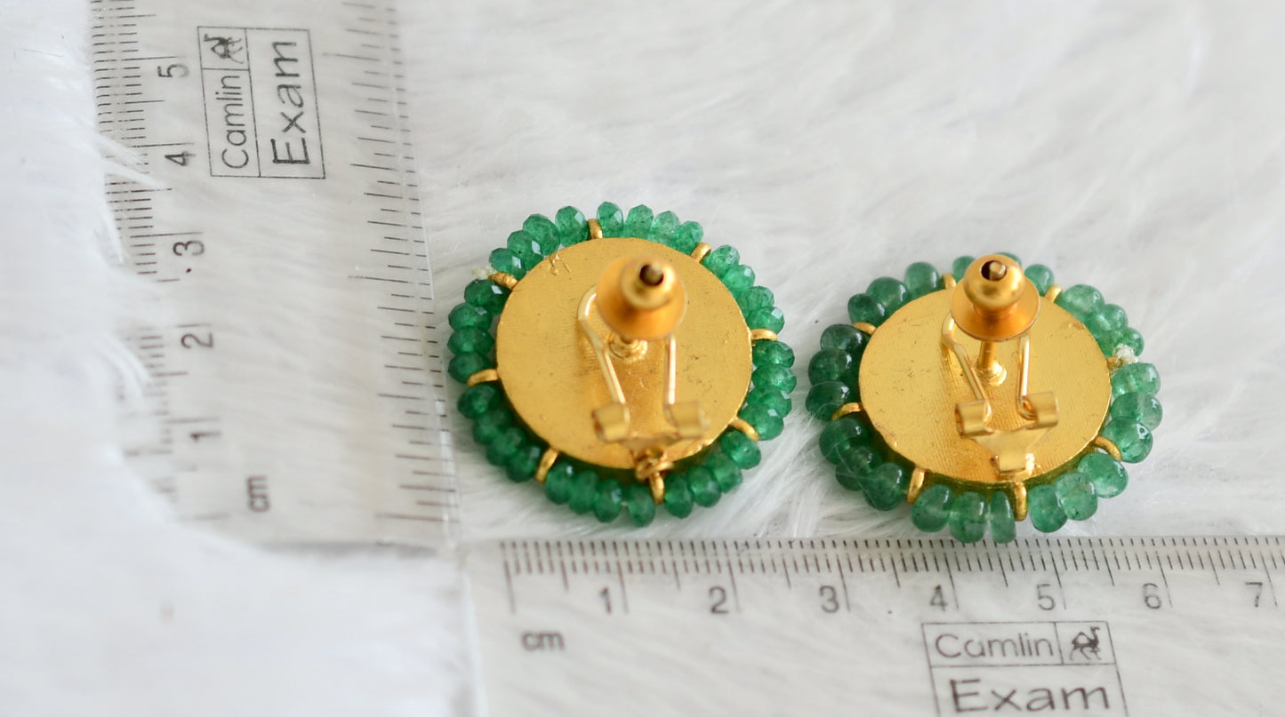 Gold tone white green beaded round flower stud/earrings dj-50639