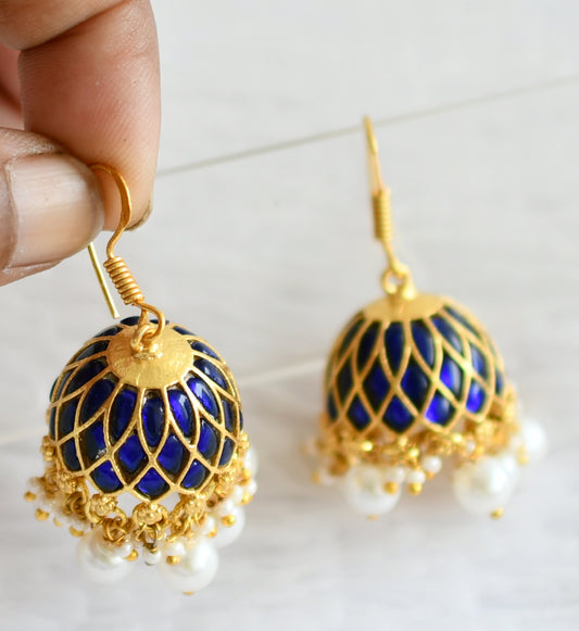 Gold tone blue kundan jadau pearl bead hook jhumkka dj-50647