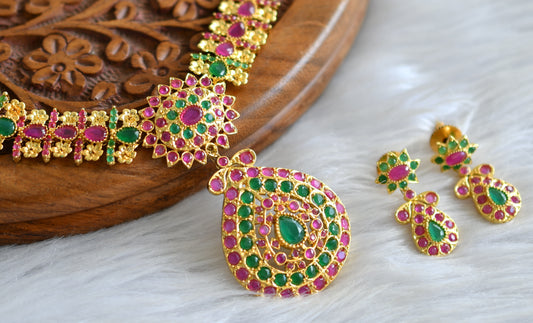 Gold tone ruby-emerald flower necklace set dj-02008