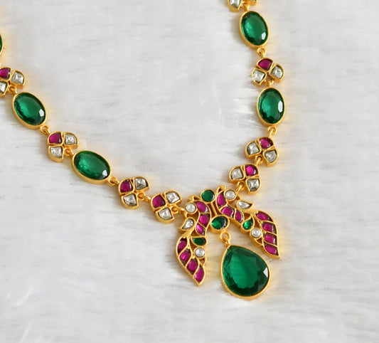 Gold tone pink-green-white kundan jadau peacock oval stone necklace dj-50685