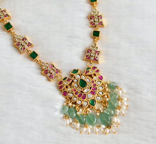 matte finish pink-green-white kundan jadau green beaded necklace dj-50686