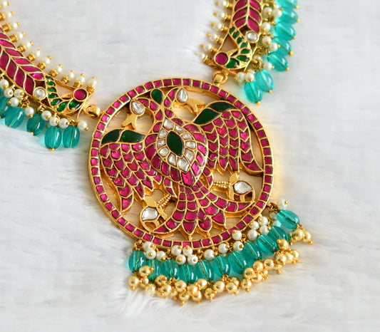 Gold tone pink-green-white kundan jadau ganda berunda blue beaded hasli necklace dj-50687