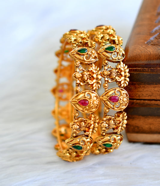 Matte finish kemp-green stone laksmi flower bangles(2.8) dj-43679