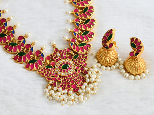 Matte finish pink-green-blue kundan jadau pearl bead ganda berunda necklace set dj-50693