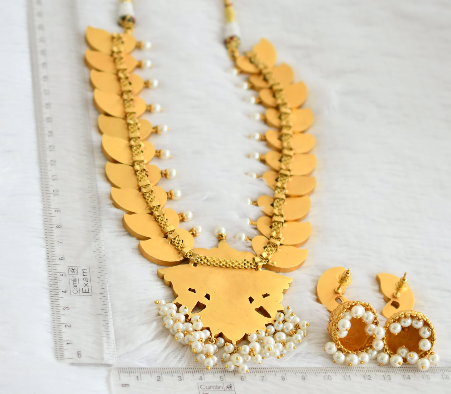 Matte finish pink-green-blue kundan jadau pearl bead ganda berunda necklace set dj-50693